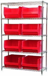 Akro Mils AWS184830283R Wire Bin Shelving System with 5 Shelves and 8 Red 30283 Supersize Akro Bins, 48 Inch x 18 Inch x 74 Inch, Chrome   Garage Shelves  