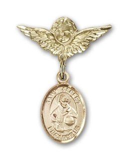 JewelsObsession's Gold Filled Baby Badge with St. Albert the Great Charm and Angel with Wings Badge Pin Jewels Obsession Jewelry