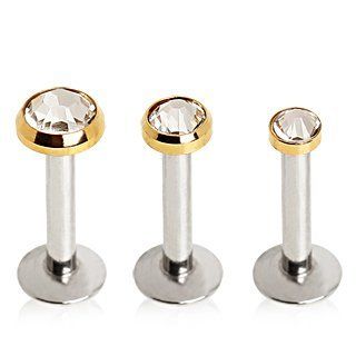 316L Surgical Steel Labret/Monroe with a Press Fit Cubic Zirconia in 14 Kt. Gold Plated Flat Top   14g (1.6mm), 3/8" (10mm) Length, 3mm Ball Size   Sold Individually Jewelry