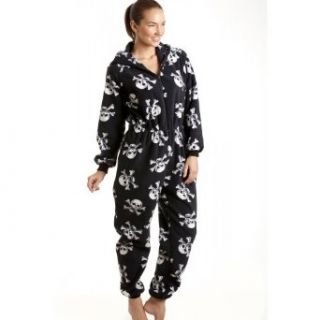 Camille Womens Ladies All In One Black And White Skull Print Hooded Fleece PJs Jumpsuits Apparel
