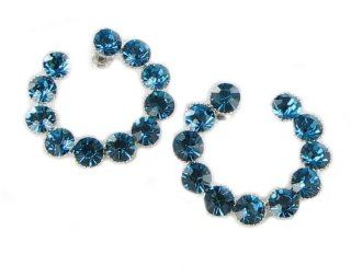 Teal Blue Rhinestone Post Earrings Silver Tone Loop Style Prom Jewelry