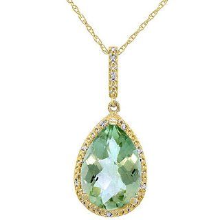 10K Yellow Gold Natural Green Amethyst Pendant Pear Shape 10x15 mm & Diamond Accents Jewelry