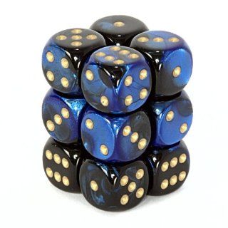 Chessex Gemini Opaque 16mm d6 Black Blue with gold Dice Block Toys & Games