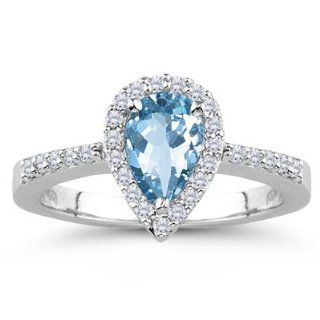 0.22 Cts Diamond & 0.70 Cts Aquamarine Ring in 14K White Gold 7.0 Jewelry