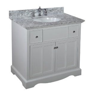 Emily 36 inch Bathroom Vanity (Carrera/White) Includes a White Cabinet, an Italian Carrera Marble Countertop, Soft Close Drawers, and a Ceramic Sink    