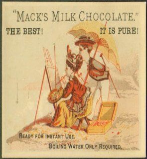 Mack's Milk Chocolate boy watches girl Artist on beach tradecard 1880s parasol Entertainment Collectibles