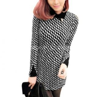 Ladies Houndstooth Zipper Back Closure Decor Faux Leather Wing Neckline Tunic Shirts White Black XS