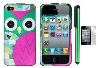 Learned & Accomplished Green Pink Owl Premium Design Protector Hard Cover Case Compatible for Apple Iphone 4 / 4S (AT&T, VERIZON, SPRINT) + Screen Protector Film + Combination 1 of New Metal Stylus Touch Screen Pen (4" Height, Random Color  Bl