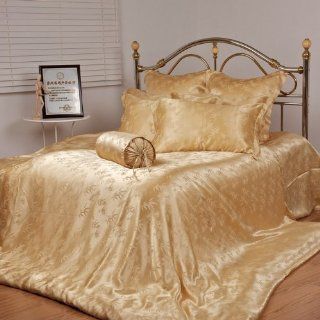 Orifashion Luxury 9 Pieces 100% Mulberry Silk Bedding Set, Elegant Bamboo Leaves Patterns  Gold, Size California King   Bedding Collections