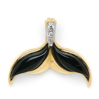 Whale Tail Pendant with Black Coral and Diamonds in 14K Yellow Gold Maui Divers of Hawaii Jewelry