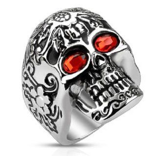 Large Stainless Steel Day of the Dead Red CZ Eyes Skull Ring Sizes 9 14 Jewelry