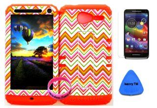 Premium Hybrid 2 in 1 Case Cover Kickstand Thin Orange Chevron Waves Pattern Design Snap on for Verizon Motorola Xt 901 Motorola Electrify M + Orange Silicone (Included Screen Protector, Isavvy Pry Tool and Wristband Exclusively By Wirelessfones TM) Cell