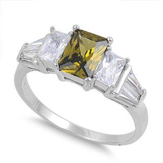 Everything925 .925 Sterling Silver 7MM (1.28 Carat Weight) Sparkling Emerald Cut CZ Design Engagement Ring With Peridot and Clear CZ Stones   5 Jewelry