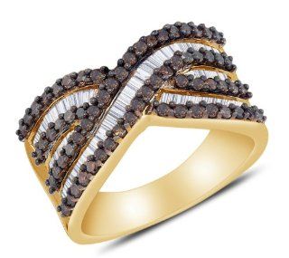 Yellow Gold Plated 925 Sterling Silver Invisible & Channel Set Round Brilliant and Baguette Cut Chocolate Brown and White Diamond Ladies Womens Wedding Band OR Anniversary Ring (1.23 cttw.) Jewelry