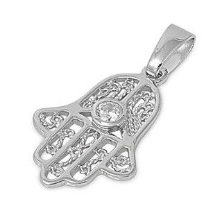 Silver Hand Of God & Clear Cz .925 Sterling Silver Pendant Necklace Jewelry