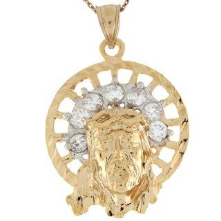 10k Yellow Gold White CZ 4.0cm Jesus Face Diamond Cut Christian Pendant Jewelry