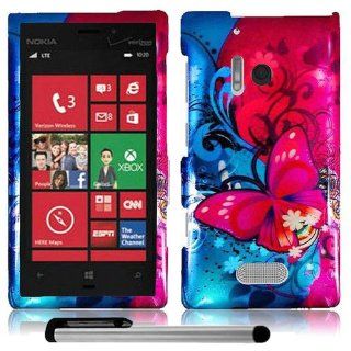 Pink Butterfly Bliss Blue Swirl Distinctive Artistic Design Protector Hard Cover Case for Nokia Lumia 928 (Verizon) Microsoft Windows Phone 8 + Free 1 Garnet House New 4"L Silver Stylus Touch Screen Pen Cell Phones & Accessories