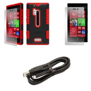 Nokia Lumia 928   Premium Accessory Kit   Black/Red Heavy Duty Rugged Combat Armor Case + Atom LED Keychain Light + Screen Protector + Micro USB Data Cable Cell Phones & Accessories