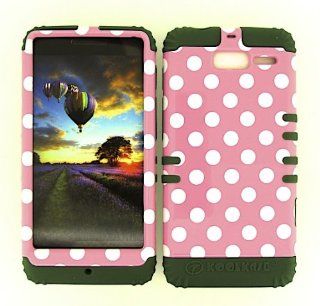 MOTOROLA DROID RAZR M XT907 WHITE DOTS ON PINK HEAVY DUTY CASE + DARK GREEN GEL SKIN SNAP ON PROTECTOR ACCESSORY Cell Phones & Accessories