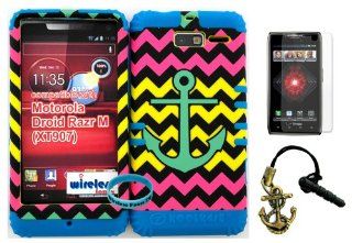 Hybrid Cover Bumper Case for Motorola Droid Razr M (XT907, 4G LTE, Verizon) Teal Anchor on Pink, Yellow, Black Chevron Pattern Snap on + Blue Silicone (Included Wristband, Screen Protector and Owl Dust Plug Charm By Wirelessfones) Cell Phones & Access