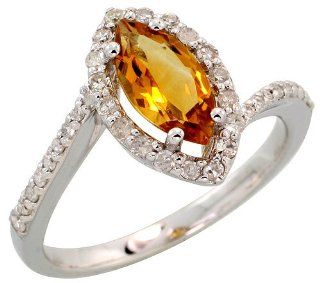 14k White Gold Fancy Stone Ring, w/ 0.32 Carat Brilliant Cut Diamonds & 1.17 Carats 10x5mm Marquise Cut Citrine Stone, 1/2" (13mm) wide, size 9 Jewelry