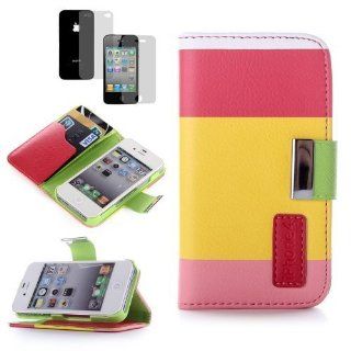 Premium Multi function Painting Series Iphone 4 4s Wallet Leather Case Cover & Credit Card Holder and Phone Stand and Lanyard   Multicolored Yellow, Red and Green Cell Phones & Accessories