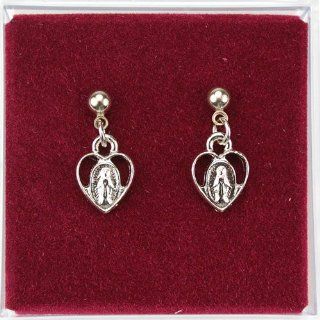 Great for First Communion, Small Girls or Womens Dangling Heart Shaped St. Mary Miraculous Medal Earrings, Silver Tone, 1" L Jewelry