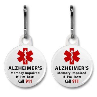 ALZHEIMER'S Memory Impaired Call 911 Alert 2 Pack 1 inch White Zipper Pull Charms 