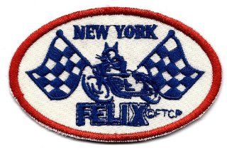 Black cat FELIX the Cat holding checkered flag riding motorcycle drag race Embroidered Iron On / Sew On Patch Applique ~ New York 