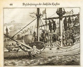 Antique Print TURKISH SHIP ADEN YEMEN BETRAYAL HANGING Baldaeus 1672   Etchings Prints