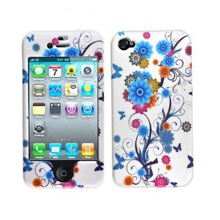 Hard Plastic Snap on Cover Fits Apple iPhone 4 4S Blue Flower and Butterfly Rubberized AT&T (does NOT fit Apple iPhone or iPhone 3G/3GS or iPhone 5/5S/5C) Cell Phones & Accessories