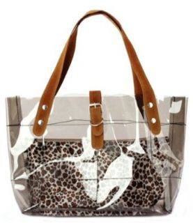 Mis Adelita Vinyl Clear Transparent Carrier Beach Hand Carry Tote + Cheetah Print Cosmetic Bag (Gray) Shoes