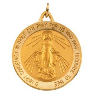 Round Miraculous Medal Pendant in Solid 14 Karat Yellow Gold 29.00 MM Jewelry