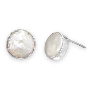 Cultured Freshwater Coin Pearl Stud Earrings 925 Sterling Silver Jewelry