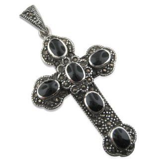 925 Silver Marcasite Reconstituted Onyx Cross Pendant Jewelry
