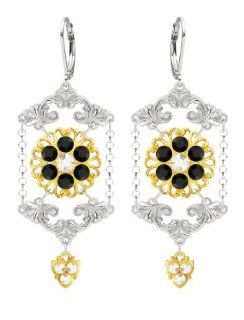 Lucia Costin Chandelier Earrings Decorated with Suspended Chains, White, Black Swarovski Crystals and Fancy Charms; .925 Sterling Silver with 24K Yellow Gold over .925 Sterling Silver; Handmade in USA Drop Earrings Jewelry