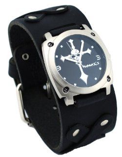 Nemesis #XB927K Unisex Skull Crucifixion Black Wide Leather Cuff Band Watch Watches
