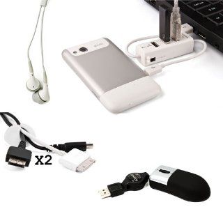 Computer Desk Organizer Accessories Kit ; Compact Retractable Cord Mini Mouse + White Mobile Phone Charger USB 2.0 HUB + x2 White Cable Organizers + White Universal Earbud Earphones for Acer Aspire S3 951  Office Desk Organizers 