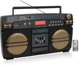 Lasonic i 931BT (i 931BTQ) Limited Edition Portable Wireless Bluetooth Ghetto Blaster Boombox Stereo AM/FM Radio Speakers with USB, SD/MMC Card, and 3.5mm Aux Input   Black & Gold   Players & Accessories