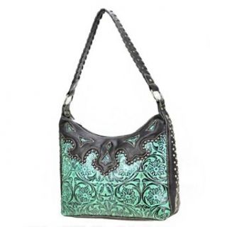 Montana West Western Genuine Leather Classic Small Round Rivet Studded Floral Embossed Unique Woven Handle Tote Satchel Hobo Shoulder Handbag Purse in Turquoise Clothing