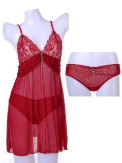 Anna Kaci S/M Fit Vixen Red Lace Mesh Sheer Rhinestone Accented Negligee w Panty