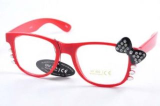 Womens Retro Fashion Kitty Clear Lens Glasses w/ Rhinestone Bow and Whiskers Red Clothing