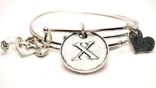 Letter X In Circle ChubbyChicoCharms Adjustable Wire Bangle Charm Bracelet Set of Two Bangles Jewelry