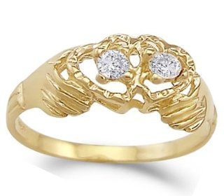 Hands Holding Two Hearts Ring CZ 14k Yellow Gold Band Cubic Zirconia Jewel Tie Jewelry