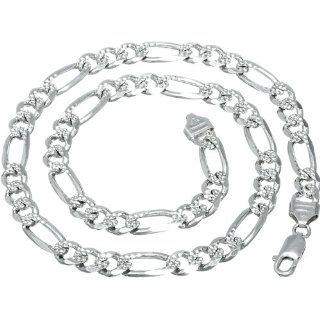8mm Men's Real Solid 925 Sterling Silver Diamond Cut Figaro Link Chain Pave Textured Necklace or Bracelet (20 Inches) Jewelry