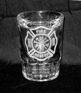Jumbo Etched Shot Glass Fire Fighter Maltese Cross  