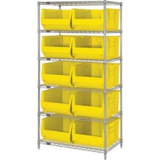 Quantum Storage Systems WR6 974YL 6 Tier Complete Wire Shelving System with 10 QUS974 Yellow Hulk Bins, Chrome Finish, 30" Width x 36" Length x 74" Height