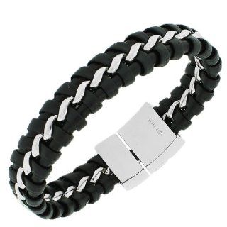 Stainless Steel Black Leather Silver Tone Braided Link Chain Mens Bracelet Bangle Bracelets Jewelry