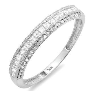 0.45 Carat (ctw) 14k Gold Princess & Round Diamond Ladies Anniversary Wedding Matching Band Stackable Ring 1/2 CT Princess Cut Diamond Bands For Women White Gold Jewelry