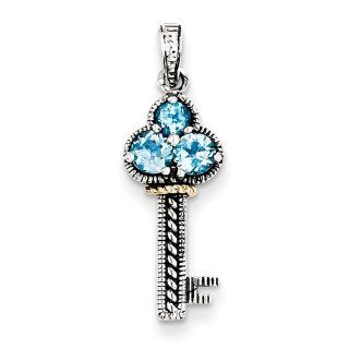 Sterling Silver W/14k .31blue Topaz Antiqued Key Charm, Best Quality Free Gift Box Satisfaction Guaranteed Jewelry